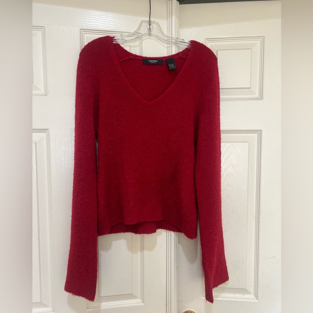 Express Red Fuzzy Knit Flared Sleeves Wool Blend sweaters‎ Jumper Y2K Women Sz L